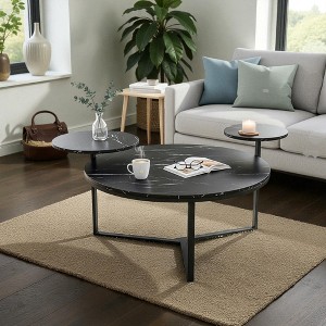 Mshliw Round Coffee Table with Faux Marble Top, Two Display Shelves, Tripod-Style Metal Base, Dining Table, Sofa Table, MDF Construction - 1 of 4