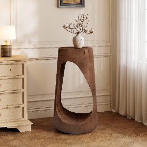 Lyngins Round Outdoor End Tables, Wood-Effect MGO Outdoor Side Table, Hollow Base Patio End Table for Outside or Indoor Use - 1 of 4