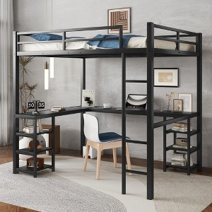 TIRAMISUBEST Twin XL/Full/Full XL Size Loft Bed with Bulit-in Desk and Storage Shelves, Metal Loft Bedframe with Ladder and Guardrails for Bedroom - 1 of 4
