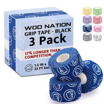WOD Nation Bulk 3-Pack Weightlifting Hook Grip Tape, Comfortable & Stretchy Athletic Thumb Tape for Exercise (23ft Per Roll)- Blue
