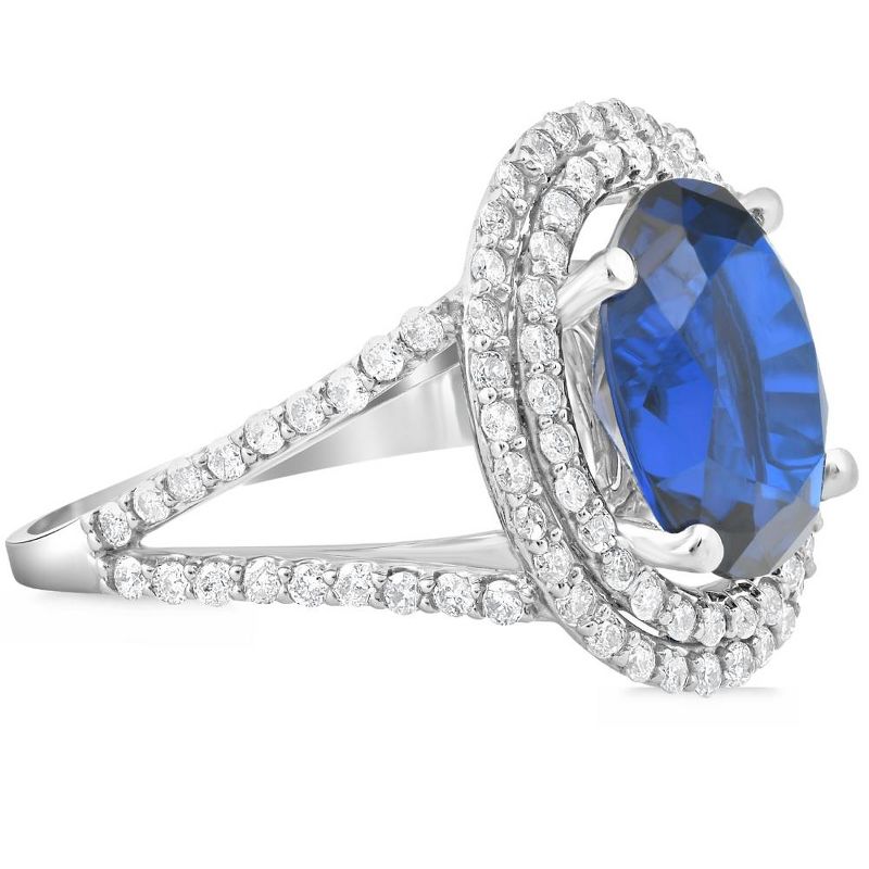 Pompeii3 6 1/5 Ct Diamond Oval Blue Sapphire Diamond Double Halo Ring 10K White Gold, 2 of 4
