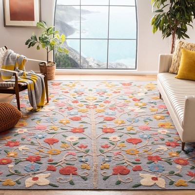 Grey and Pink Floral Wool Hand-Knotted 8' x 10' Area Rug