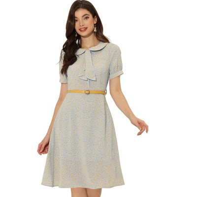 INSPIRE CHIC Women's Peter Pan Collar Tie Neck Short Sleeve A-Line Elegant Belted Floral Dress