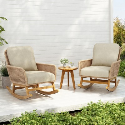 Outdoor 3 Pcs Furniture Set, PE Rattan Rocking Chairs and Wooden Accent Table, Sofa Set with PE Cushions and Wooden Frame-Coolbibila