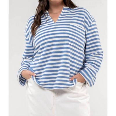 Women's STRIPED SPLIT NECK BACK BUTTON KNIT TOP - PLUS - Blu Pepper