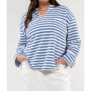 Women's STRIPED SPLIT NECK BACK BUTTON KNIT TOP - PLUS - Blu Pepper - 1 of 3