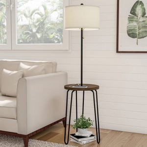 Floor Lamp End Table: USB Port, Pull Chain, Hairpin Legs, Linen Shade - Trademark Global - 1 of 4