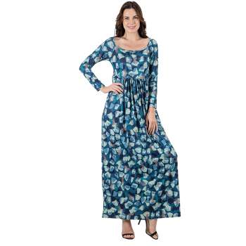24seven Comfort Apparel Womens Blue Abstract Long Sleeve Pleated Maxi Dress