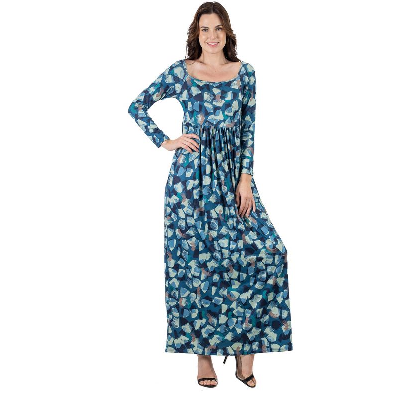 24seven Comfort Apparel Blue Abstract Long Sleeve Pleated Maxi Dress, 1 of 5