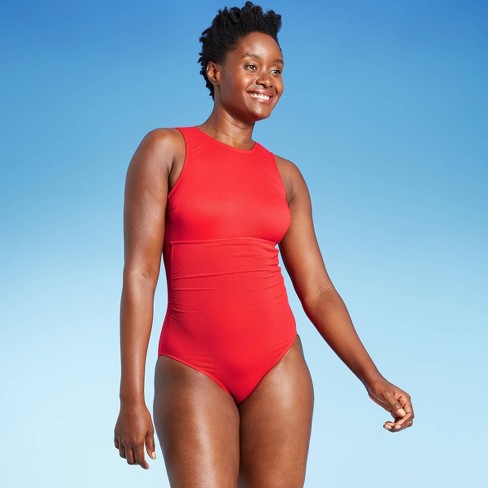 Women S Textured High Neck High Coverage One Piece Swimsuit Kona Sol Red Target