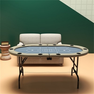 YONWAY  Poker Table Foldable, 70" Oval Blackjack Casino Texas Holdem Poker Game Table for 10 Players with Cup Holders, Blue and Brown