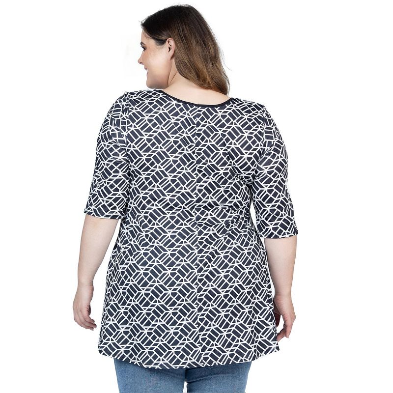 24seven Comfort Apparel Womens Plus Size Black Geometric Print Elbow Sleeve Casual Tunic Top, 3 of 7