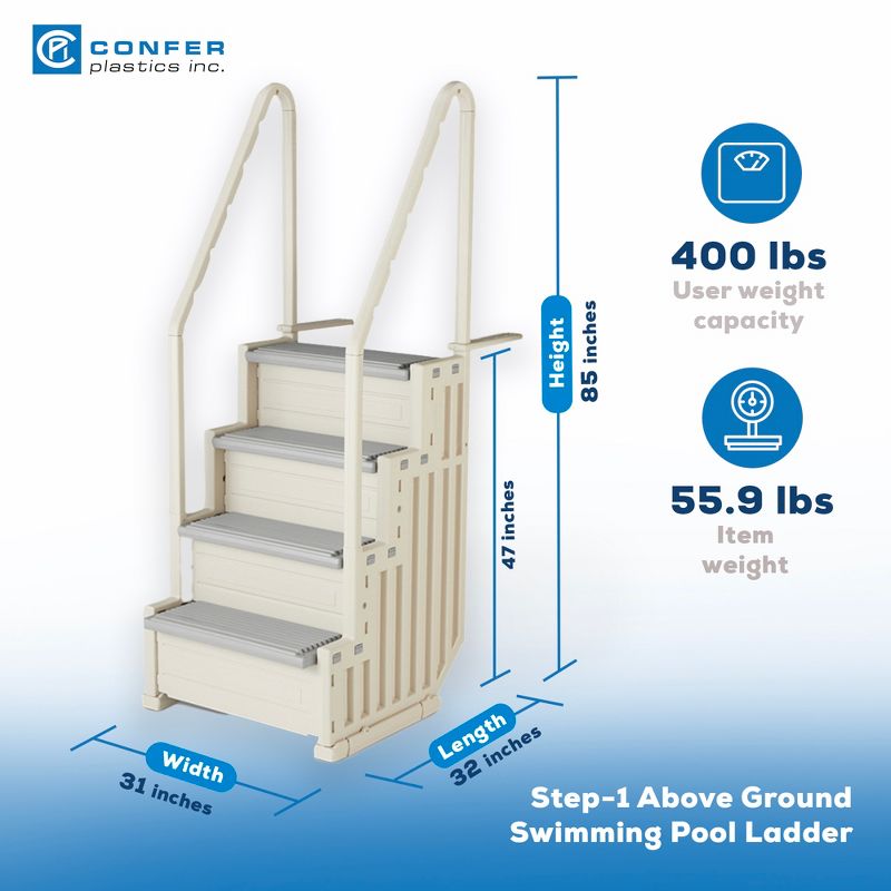 Confer Plastics STEP-1 Stair Ladder with 4 Steps and 2 Handrails for Flat Bottom Above Ground Swimming Pool with Snap-In Installation - Warm Gray, 2 of 7