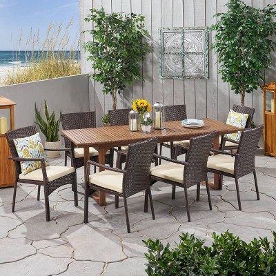 Villa 9pc Wood and Wicker Expandable Dining Set Brown and Cream - Christopher Knight Home