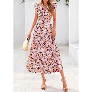 Women's Floral Midi Dress Cap Sleeve v Neck Ruffle Long Flowy Boho ...