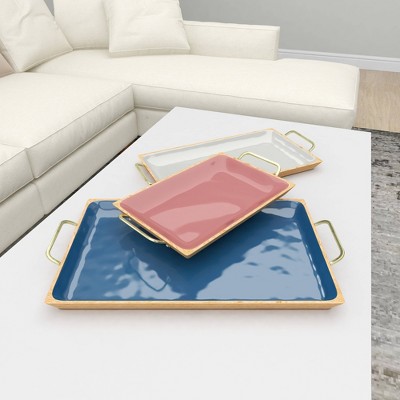 Multi Colored Enamel and Mango Wood Rectangular Tray Set