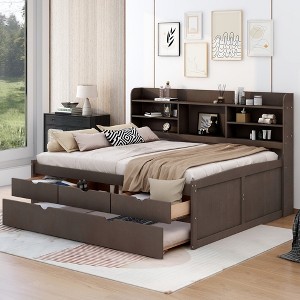 Twin/Full Size Wooden Captain Bed with Built-in Bookshelves,Three Storage Drawers and Trundle - ModernLuxe - 1 of 4