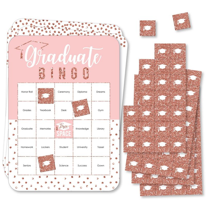 Big Dot of Happiness Rose Gold Grad - Bingo Cards and Markers - Graduation Party Shaped Bingo Game - Set of 18, 1 of 6
