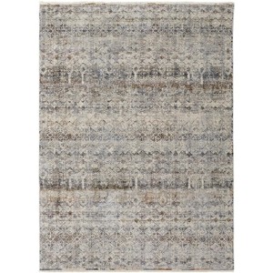 HomeRoots 3' X 5' Gray Ivory and Blue Abstract Power Loom Worn Faded Area Rug With Fringe - 1 of 4