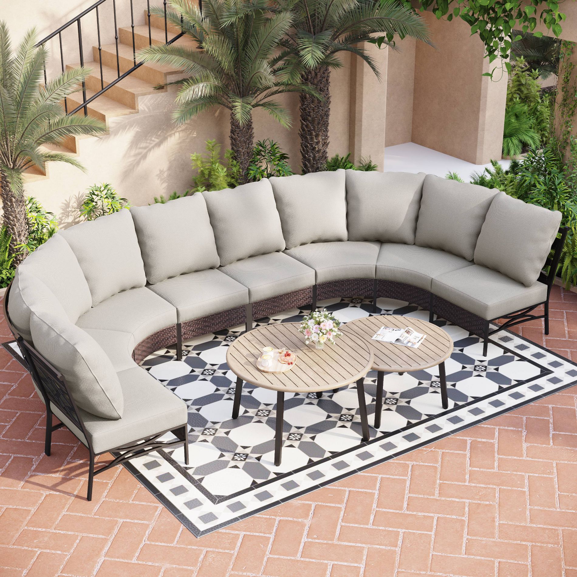 Captiva Designs 8-Seat Half-Moon Curved Outdoor Patio Conversation Set with Coffee Tables