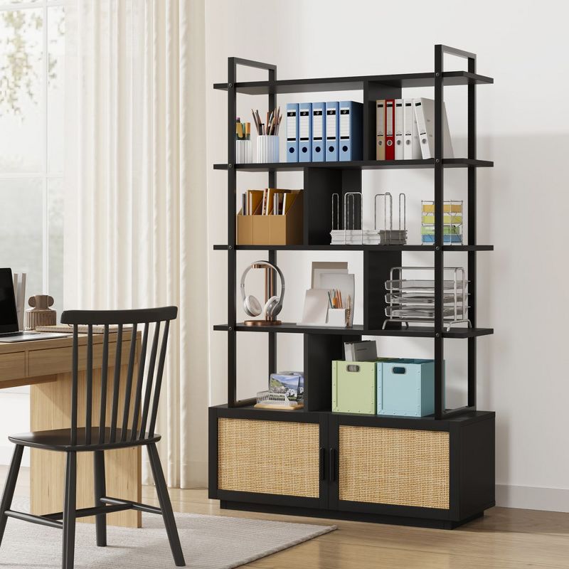 Whizmax 5 Tier Rattan Bookshelf with Storage Cabinet & Door, Industrial Book Shelf with Open Display Shelvesfor Living Room, Bedroom, 4 of 11