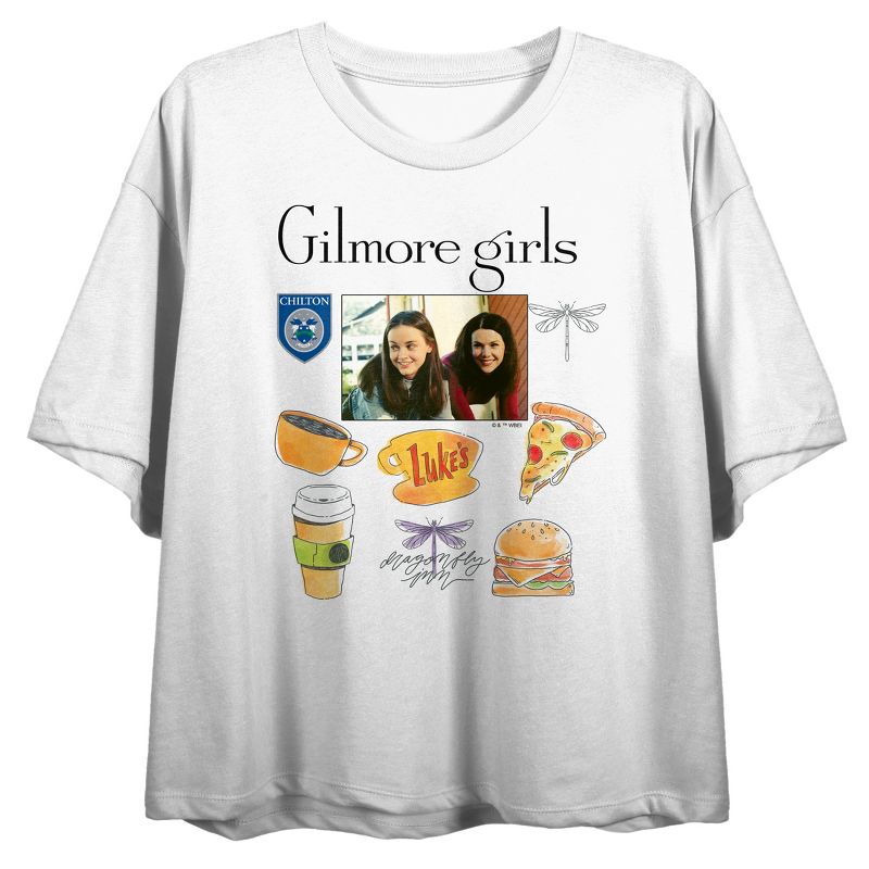 Gilmore Girls Lorelai & Rory Screenshot & Icons Crew Neck Short Sleeve White Women's Crop Top, 1 of 3
