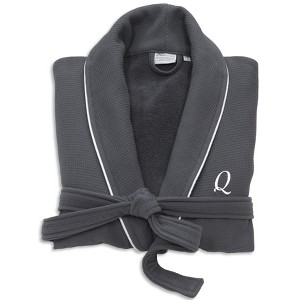 Linum Home Textiles Hotel 100 Percent Turkish Cotton Waffle Terry Personalized Dark Gray Bathrobe with Satin Piped Trim in White Script Font - 1 of 1
