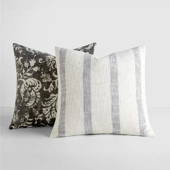 2-Pack Yarn-Dyed Patterns Charcoal Throw Pillows - Becky Cameron, Charcoal Yarn-Dyed Awning Stripe / Distressed Floral, 20 x 20
