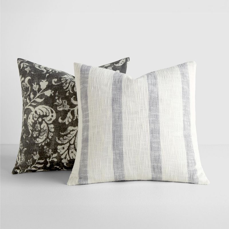 2-Pack Yarn-Dyed Patterns Charcoal Throw Pillows - Becky Cameron, Charcoal Yarn-Dyed Awning Stripe / Distressed Floral, 20 x 20, 1 of 9