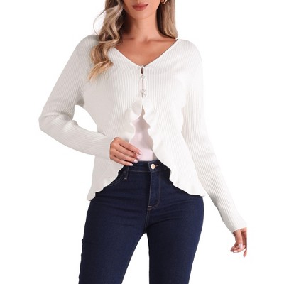 Allegra K Women's Long Sleeve Buttons Stretchy Ruffle V Neck Sweater Cardigan