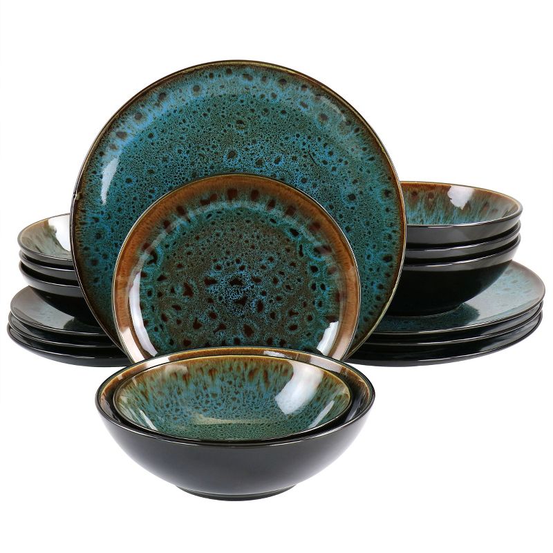 Gibson Elite Kyoto Teal Double Bowl 16 Piece Stoneware Dinnerware Set in Teal and Brown, 1 of 10
