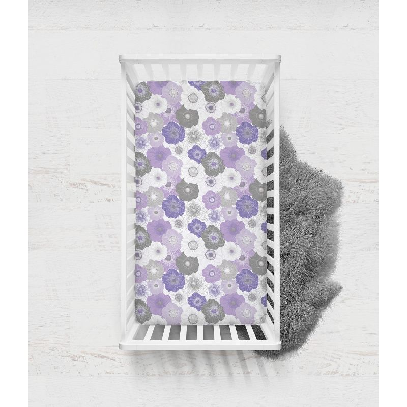 Bacati - Floral Printed Purple Gray 100 percent Cotton Universal Baby US Standard Crib or Toddler Bed Fitted Sheet, 3 of 7