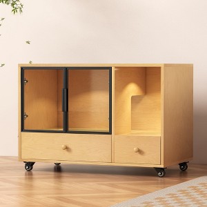 Cat Litter Box Enclosure, Hidden Litter Box Furniture with Glass Door, Drawer, Indoor Cat House - 1 of 4