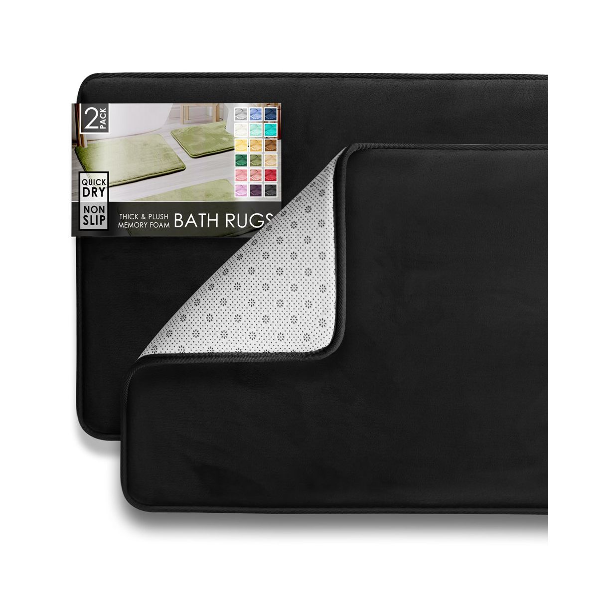 Hearth & Harbor 2 Piece Bathroom Rugs Bath Mat Set, Non-Slip Velvet Memory Foam Bath Mats, Black