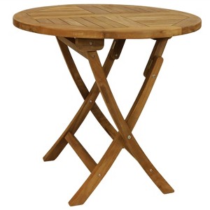 Sunnydaze Outdoor Solid Teak Wood with Light Stained Finish Round Patio Dining Table - Light Brown - 1 of 4