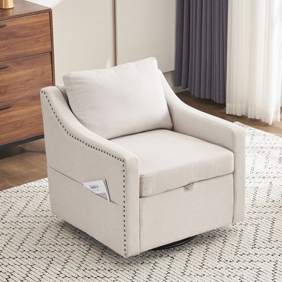 CAVINAS 360° Swivel Linen Accent Chair,High Back Padded Armchair with Storage,Modern Living Room Sitting Chair with Nailhead Trim