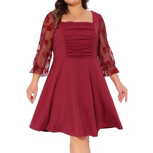 Agnes Orinda Women's Plus Size Pleat Front Square Neck Sheer Sleeve Flowy A-Line Dresses - 1 of 4