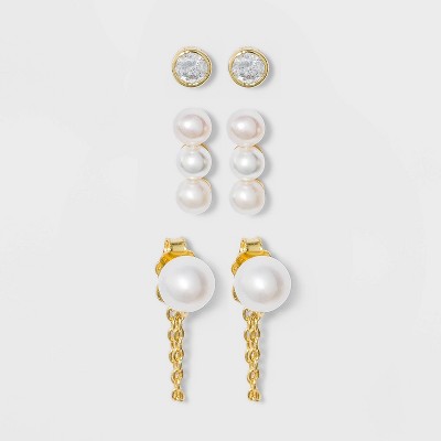 Sterling Silver with Clear Cubic Zirconia, Glass and Pearl  Post Stud Earring Set 3pc - A New Day™ Gold