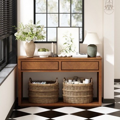 55" Long Console Table with 2 Drawer, Wooden Entryway Table with Open Shelf, Accent Sofa Table, Hallway Foyer Table for Living Room Entryway