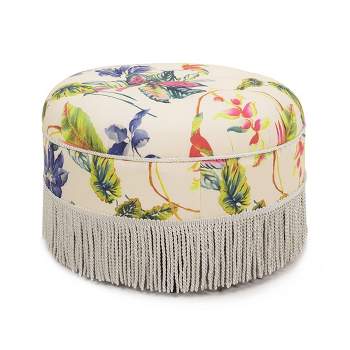 Jennifer Taylor Home Yolanda Upholstered Round Accent Ottoman, Beige & Tropical Floral with Ivory Trim