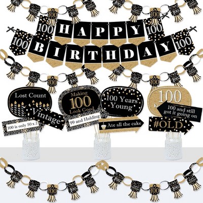 Big Dot of Happiness Adult 100th Birthday - Gold - Banner and Photo Booth Decorations - Birthday Party Supplies Kit - Doterrific Bundle