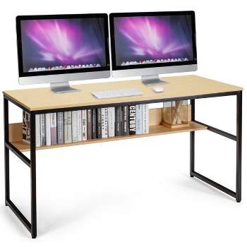 Tangkula 55" Industrial Computer Desk Contemporary Writing Table with Storage Shelf  Coffee/Antique/Natural