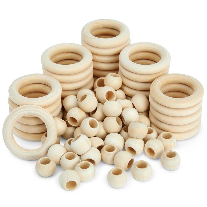 Bright Creations 80 Pack Natural Wooden Round Beads and Rings Macrame Set Unfinished Wood Spacer for DIY Craft Projects and Home Décor Accessories, 1 of 9