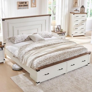 SinCiDo Farmhouse King-Sized Bed Frame 54" Headboard with 2 Large Drawers, Supported By Wooden Strips, No Spring Mattress Required, Noise Free - 1 of 4