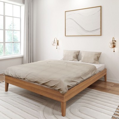 Pecan Queen Solid Wood Platform Bed Frame with Drawer