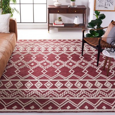 Hand-Tufted Red and Ivory Wool Abstract 8' x 10' Area Rug