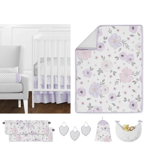 5 Piece Baby Bundle W Pink Flowers/grayblue Dots, Fitted Crib