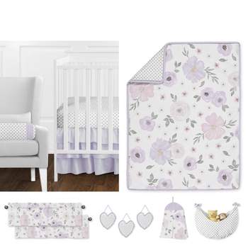 Sweet Jojo Designs Girl Baby Crib Bedding Set - Watercolor Floral Collection Lavender Purple and Grey 11pc