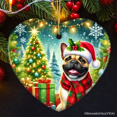 Festive French Bulldog Heart-Shaped Porcelain Ornament