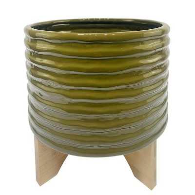 Sagebrook Home 8" Textured Ceramic Planter with Stand Olive